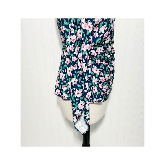 Betabrand Women's Floral Wrap Side Tie Bell‎ Sleeve Blouse Navy Pink Size Large - Picture 3 of 11